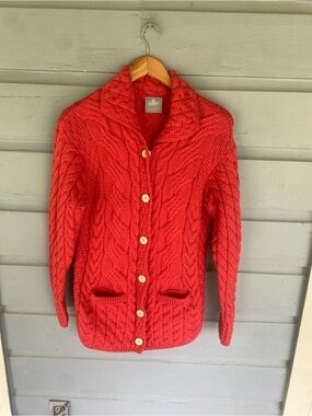Aran Woolen Mills Red/Coral Cable-Knit Button Cardigan Sweater Large